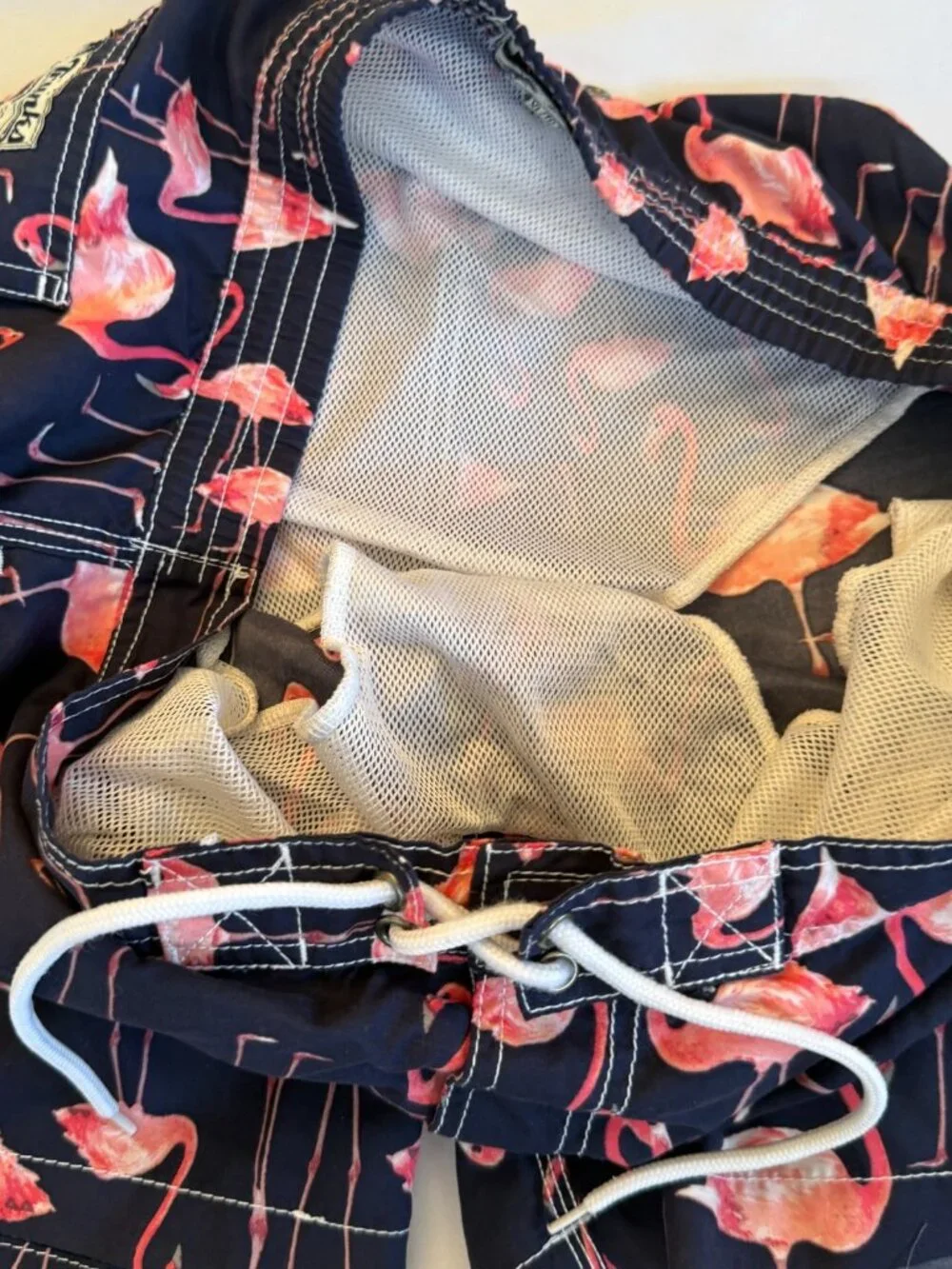 TRUNKS SURF & SWIM FLAMINGO PRINT NAVY BLUE PINK LINED SHORTS MENS SIZE XL